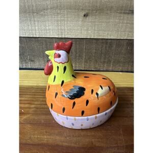 Pfaltzgraff Pistoulet Sitting Chicken Jane Kotlpen trinket box orange blue 5.5"